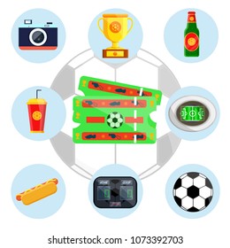 Soccer european football sport fan rooter set. Gold team rewards, ball, field, stadium, scoreboard, hot-dog, soda, beer, photo camera . Modern flat vector illustration icon. Isolated on white blue