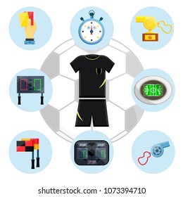 Soccer european football sport referee umpire set. Gold reward prize, ball, field, stadium, scoreboard, whistle, cards, stopwatch, uniform. Modern flat vector illustration icon. Isolated on white