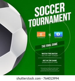 Soccer or european football tournament poster. Mock-up of banner for football competition or sport events. 3D illustration, template for print design.