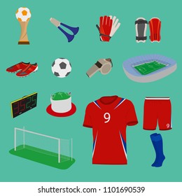 Soccer or European football vector flat icons set, isolated. Sport equipment illustration.