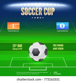 Soccer event flyer template. Place your text and emblem of participants. Night soccer stadium in the spotlight with big ball. 3D illustration, template for poster, print design for events.