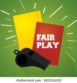 Soccer fair play illustration. Color cards and whistle - Vector