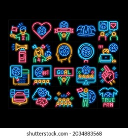Soccer Fan Attributes neon light sign vector. Glowing bright icon  Soccer Fan Hat And Glove In Hand Form, Heart And Air Beeper, T-shirt And Goal Nameplate Illustrations