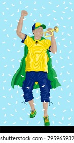 “Brazil Soccer Fan with Bugle” Brazilian supporter, confetti papers and background are in different layers.
