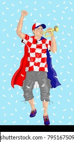 “Croatia Soccer Fan with Bugle” Croatian supporter, confetti papers and background are in different layers.
