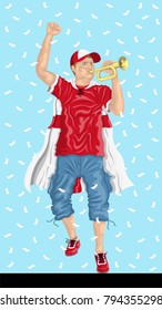 “England Soccer Fan with Bugle” English supporter, confetti papers and background are in different layers

