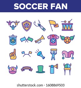 Soccer Fan Equipment Collection Icons Set Vector Thin Line. Soccer Ball With Wings And Shield, Flags And Ribbons, T-shirt And Drum Concept Linear Pictograms. Color Contour Illustrations
