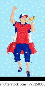 “France Soccer Fan with Bugle” French supporter, confetti papers and background are in different layers.