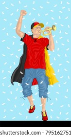 “Germany Soccer Fan with Bugle” German supporter, confetti papers and background are in different layers.

