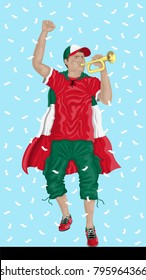 “Mexico Soccer Fan with Bugle” Mexican supporter, confetti papers and background are in different layers.
