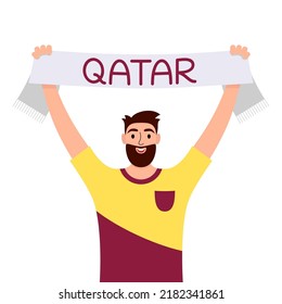 Soccer fan with a scarf isolated on white background. Bearded fan of Qatar national football team with hands up. Concept of sport, human emotions, entertainment. Vector illustration