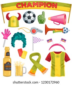 Soccer fan set vector sportsfan football hand foam soccerball beer illustration set of footballing sportswear scarf hat on football-match isolated on white background