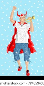 “Switzerland Soccer Fan with Bugle” Swiss supporter, confetti papers and background are in different layers.
