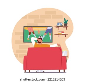 Soccer Fan Watching Football Match on Tv Sitting on Couch with Pop Corn Rear View. Man Cheering for Favorite Team on Weekend at Home. Male Character Sport Supporter. Cartoon People Vector Illustration