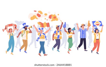 Soccer fans characters. Sport fan team football supporters cheering goal cheer celebration stadium game world or euro cup match, supporter holding flag classy vector illustration of soccer team