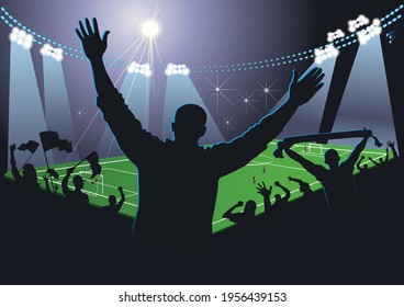 Soccer and fans. Soccer fans cheer their team.