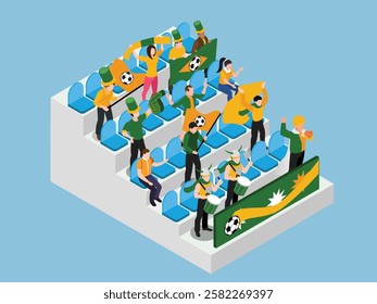 Soccer Fans Cheering in Stadium Stands 3d isometric vector illustration