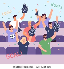 Soccer fans cheering for team vector illustration. Cartoon drawing of men and women with flags, foam hands and face paint screaming word goal. Soccer, celebration, victory concept