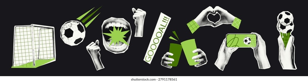 Soccer fans collage elements set. Football fan support cutouts with screaming mouth, clinking cups, heart hand gesture, goal and phone live stream Modern retro mixed media vector illustration