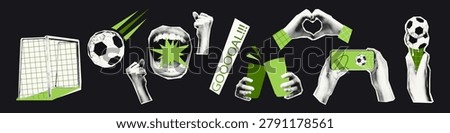 Soccer fans collage elements set. Football fan support cutouts with screaming mouth, clinking cups, heart hand gesture, goal and phone live stream Modern retro mixed media vector illustration