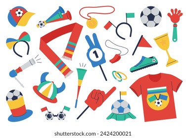 Soccer fans elements. Football championship attributes, foam finger, ball, golden cup, t-shirt. Isolated sport competition objects, decent vector set