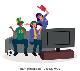 Soccer fans and friends watching tv on couch. Football match supporting people vector illustration.