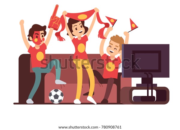 ソファでテレビを見ているサッカーファンや友人 サッカーの試合は人を支えるベクターイラスト テレビでのファンウォッチの試合 のベクター画像素材 ロイヤリティフリー