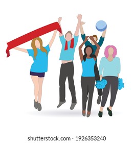 Soccer fans with scarf paraphernalia jump and enjoy. Sports excitement, spectator fan team, crowd people fan. Vector illustration. Exciting and terrific fans cooling