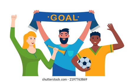 Soccer fans with a scarf, vuvuzela and ball isolated on white background. Crowd of football supporters with hands up. Concept of sport, human emotions, entertainment. Vector illustration in flat style