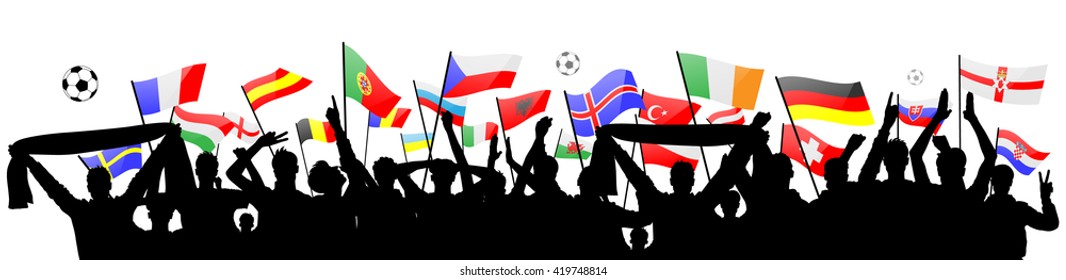 soccer fans silhouette with european flags