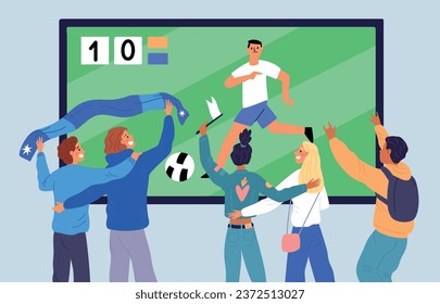 Soccer fans stand with backs. Friends cheer for sports team. People watch match on TV screen. Athletes support. Football competition show. Men and women group. Garish
