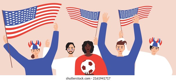 Soccer fans with U.S. flag. Flat vector stock illustration. Concept of championship. Tcrowd of football spectators in national costumes
