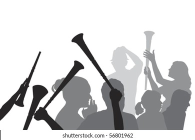 soccer fans with vuvuzela horns