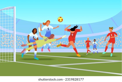 Soccer female match. Players fighting, kicking ball, dynamic poses of players, different colors uniform, tense moment on field. Vector  illustration