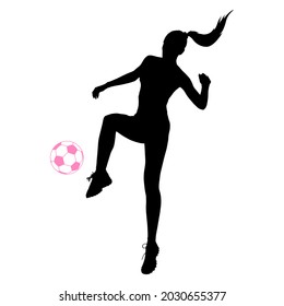 Jugadora femenina de fútbol haciendo malabares con una pelota. Ilustración de silueta vectorial sobre fondo blanco