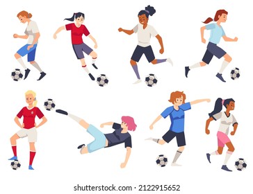 Soccer female players characters set, flat cartoon vector illustration isolated on white background. Soccer or football women team players collection.