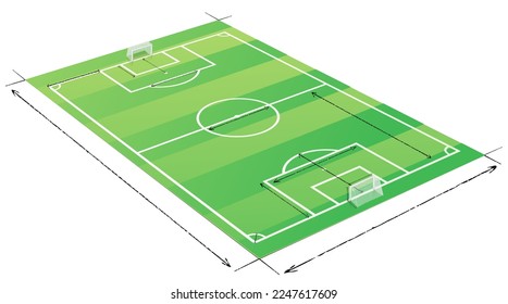 Soccer field in 3D with its marking and arrows drawn with pencils defining the main dimensions of the field (cut out)