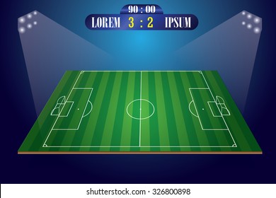 Soccer Field In 3D With Spotlight And Scoreboard.