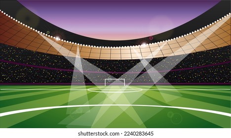 Soccer Field Background Scene with Lights. Vector Illustration