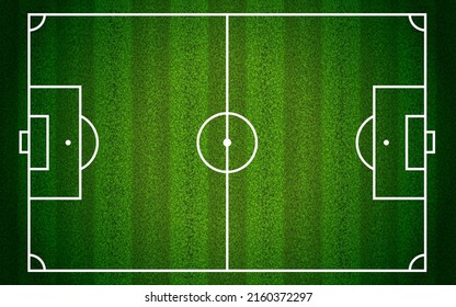 Vista superior del fondo del campo de fútbol con textura de hierba. Zona de juegos deportiva con diseño de líneas blancas y motivos de césped. Ilustración vectorial del estadio de fútbol estándar. Arena