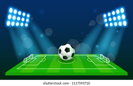 Soccer field background vector illustration. Ball in arena field with stadium lights.