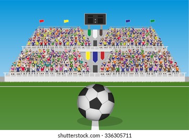 Soccer Field With Ball And Crowd In Grandstand. Vector