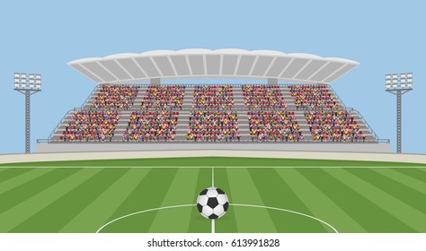 Soccer Field with Ball and Crowd on Grandstand. Vector