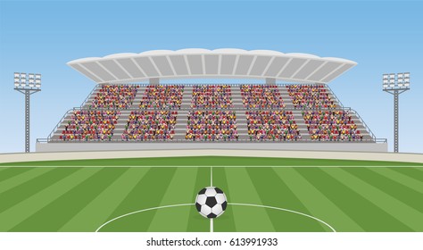 Soccer Field with Ball and Crowd on Grandstand. Vector