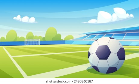 Soccer field with ball, gate and tribune. Vector cartoon wallpaper for sports games, events