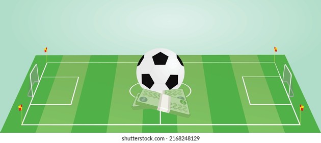 Campo de fútbol con pelota y dinero. vector