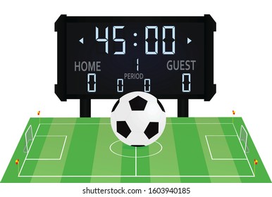 Soccer field, ball and scoreboard. vector illustration