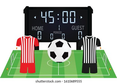 Soccer field, ball and scoreboard. vector illustration