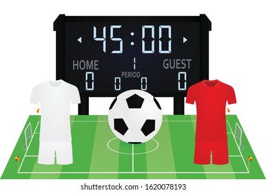 Soccer field, ball and scoreboard. vector illustration
