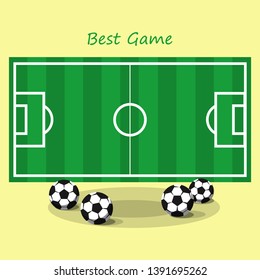 A soccer field with soccer balls in the foreground and an inscription above is the best game. Vector illustration